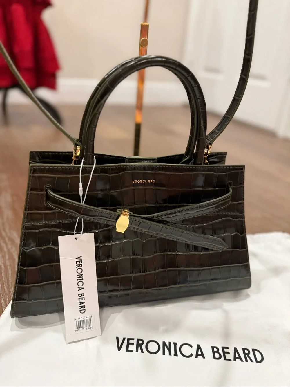 Veronica Beard Glossy Black Croc-Embossed Satchel with Front Tie